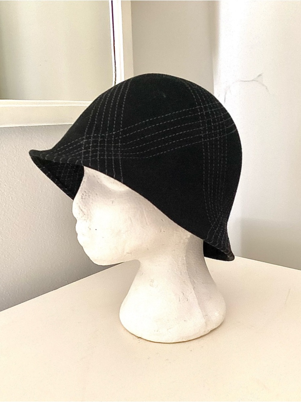 DiFirenze Black Cloche Hat with Contrasting Stitching